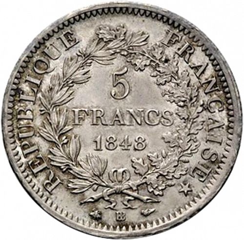 5 Francs Reverse Image minted in FRANCE in 1848BB (1848-1852 - Second Republic)  - The Coin Database