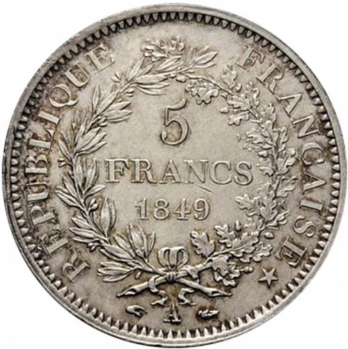 5 Francs Reverse Image minted in FRANCE in 1849A (1848-1852 - Second Republic)  - The Coin Database