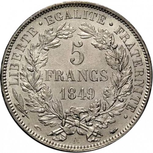 5 Francs Reverse Image minted in FRANCE in 1849A (1848-1852 - Second Republic)  - The Coin Database