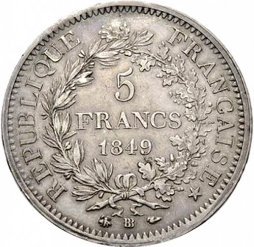 5 Francs Reverse Image minted in FRANCE in 1849BB (1848-1852 - Second Republic)  - The Coin Database