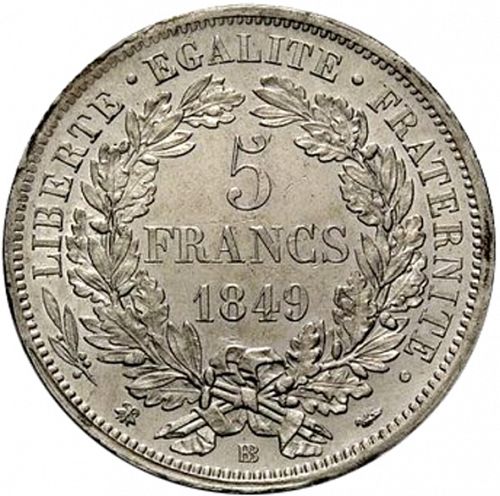 5 Francs Reverse Image minted in FRANCE in 1849BB (1848-1852 - Second Republic)  - The Coin Database