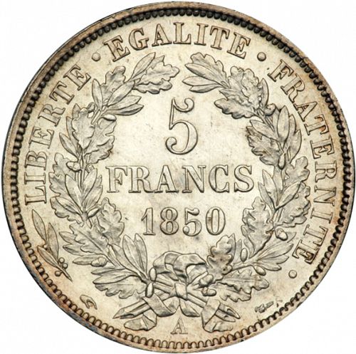 5 Francs Reverse Image minted in FRANCE in 1850A (1848-1852 - Second Republic)  - The Coin Database