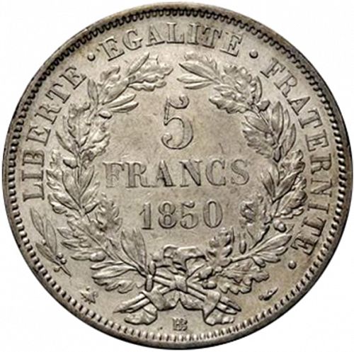 5 Francs Reverse Image minted in FRANCE in 1850BB (1848-1852 - Second Republic)  - The Coin Database