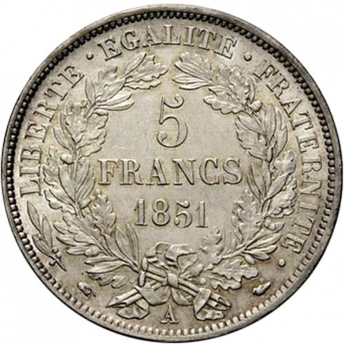 5 Francs Reverse Image minted in FRANCE in 1851A (1848-1852 - Second Republic)  - The Coin Database