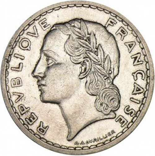5 Francs Obverse Image minted in FRANCE in 1937 (1871-1940 - Third Republic)  - The Coin Database