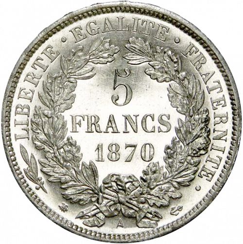 5 Francs Reverse Image minted in FRANCE in 1870A (1871-1940 - Third Republic)  - The Coin Database