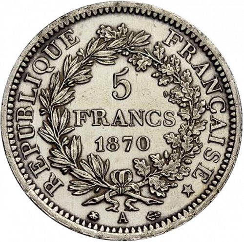 5 Francs Reverse Image minted in FRANCE in 1870A (1871-1940 - Third Republic)  - The Coin Database