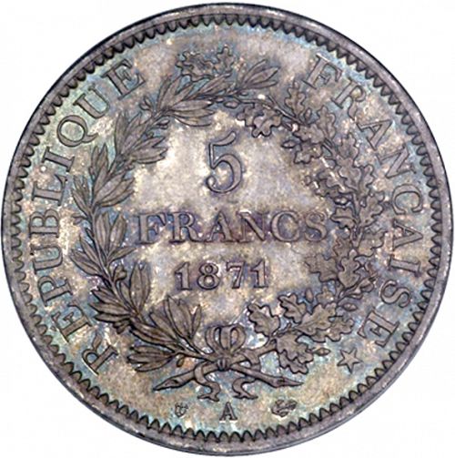 5 Francs Reverse Image minted in FRANCE in 1871A (1871-1940 - Third Republic)  - The Coin Database