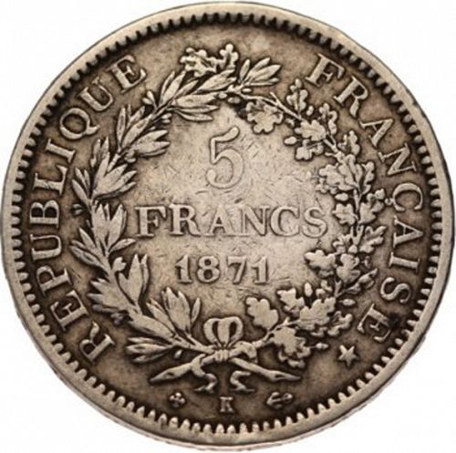 5 Francs Reverse Image minted in FRANCE in 1871K (1871-1940 - Third Republic)  - The Coin Database