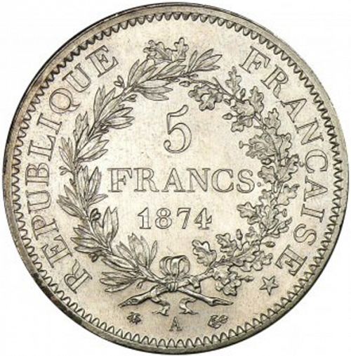 5 Francs Reverse Image minted in FRANCE in 1874A (1871-1940 - Third Republic)  - The Coin Database