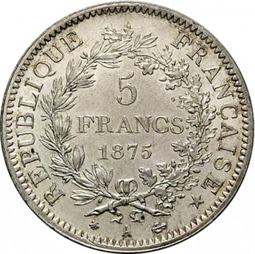 5 Francs Reverse Image minted in FRANCE in 1875A (1871-1940 - Third Republic)  - The Coin Database