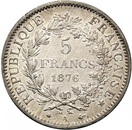 5 Francs Reverse Image minted in FRANCE in 1876A (1871-1940 - Third Republic)  - The Coin Database