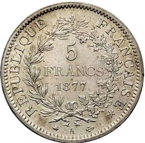 5 Francs Reverse Image minted in FRANCE in 1877A (1871-1940 - Third Republic)  - The Coin Database