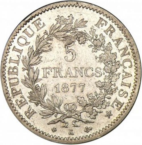5 Francs Reverse Image minted in FRANCE in 1877K (1871-1940 - Third Republic)  - The Coin Database