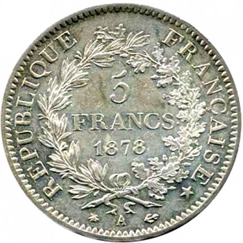 5 Francs Reverse Image minted in FRANCE in 1878A (1871-1940 - Third Republic)  - The Coin Database