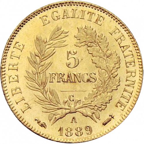 5 Francs Reverse Image minted in FRANCE in 1889A/C (1871-1940 - Third Republic)  - The Coin Database