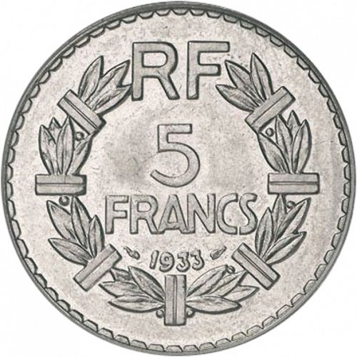 5 Francs Reverse Image minted in FRANCE in 1933 (1871-1940 - Third Republic)  - The Coin Database