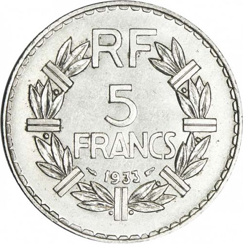 5 Francs Reverse Image minted in FRANCE in 1933 (1871-1940 - Third Republic)  - The Coin Database