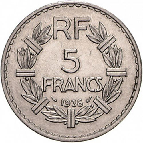 5 Francs Reverse Image minted in FRANCE in 1936 (1871-1940 - Third Republic)  - The Coin Database