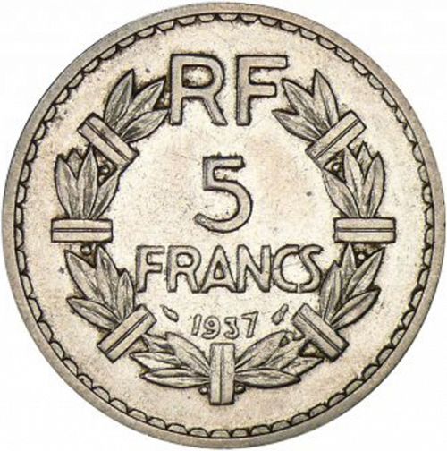 5 Francs Reverse Image minted in FRANCE in 1937 (1871-1940 - Third Republic)  - The Coin Database