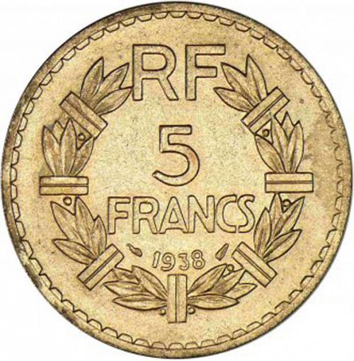 5 Francs Reverse Image minted in FRANCE in 1938 (1871-1940 - Third Republic)  - The Coin Database