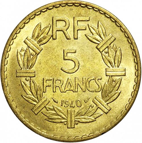 5 Francs Reverse Image minted in FRANCE in 1940 (1871-1940 - Third Republic)  - The Coin Database