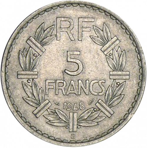 5 Francs Reverse Image minted in FRANCE in 1948B (1947-1958 - Fourth Republic)  - The Coin Database
