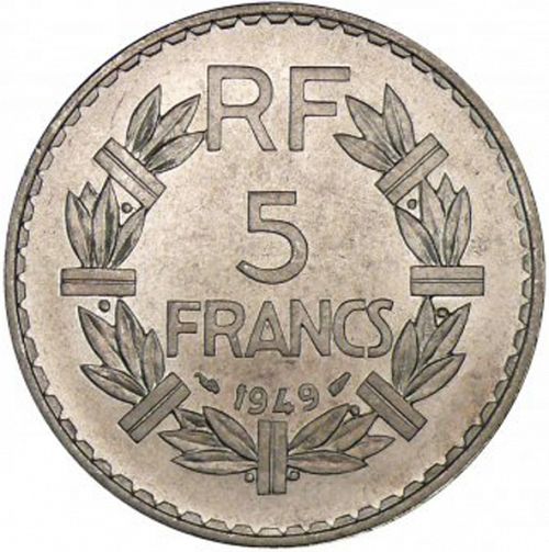5 Francs Reverse Image minted in FRANCE in 1949 (1947-1958 - Fourth Republic)  - The Coin Database
