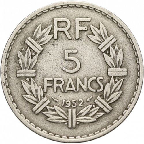 5 Francs Reverse Image minted in FRANCE in 1952 (1947-1958 - Fourth Republic)  - The Coin Database