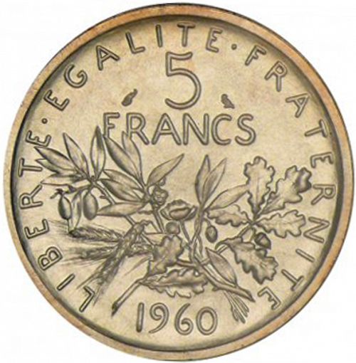 5 Francs Reverse Image minted in FRANCE in 1960 (1959-2001 - Fifth Republic)  - The Coin Database