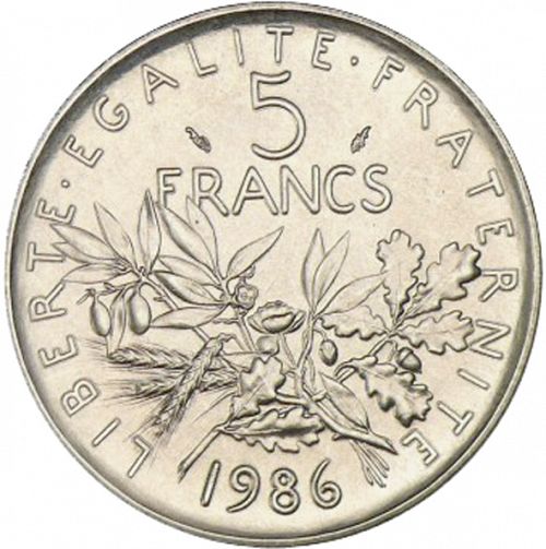 5 Francs Reverse Image minted in FRANCE in 1986 (1959-2001 - Fifth Republic)  - The Coin Database
