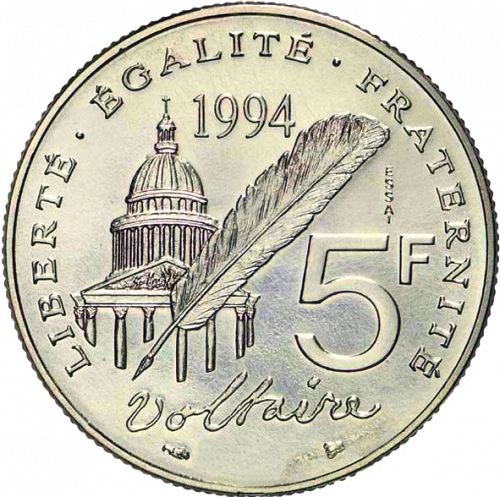 5 Francs Reverse Image minted in FRANCE in 1994 (1959-2001 - Fifth Republic)  - The Coin Database