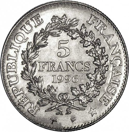 5 Francs Reverse Image minted in FRANCE in 1996 (1959-2001 - Fifth Republic)  - The Coin Database