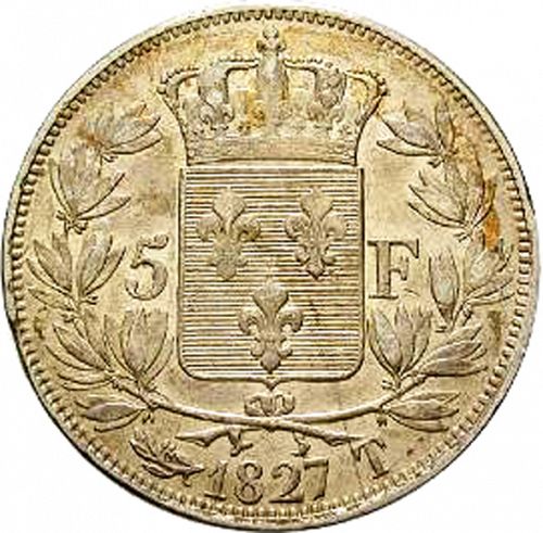 5 Francs Reverse Image minted in FRANCE in 1827T (1824-1830 - Charles X)  - The Coin Database
