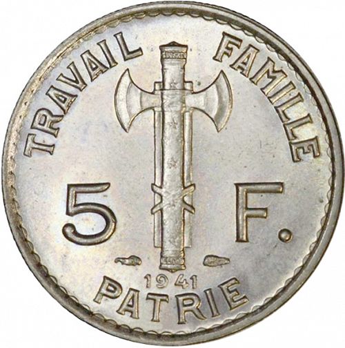 5 Francs Reverse Image minted in FRANCE in 1941 (1940-1944 - Vichy State)  - The Coin Database