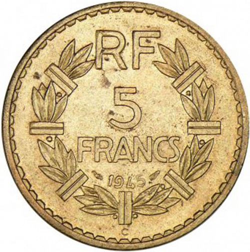 5 Francs Reverse Image minted in FRANCE in 1945C (1944-1947 - Provisional Government)  - The Coin Database