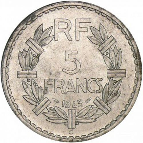 5 Francs Reverse Image minted in FRANCE in 1945C (1944-1947 - Provisional Government)  - The Coin Database