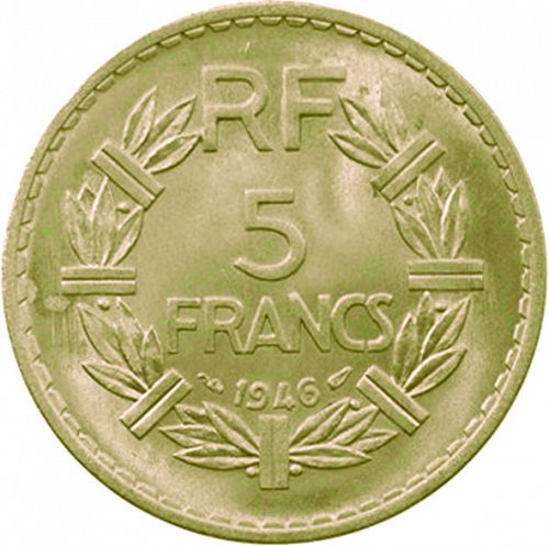 5 Francs Reverse Image minted in FRANCE in 1946 (1944-1947 - Provisional Government)  - The Coin Database