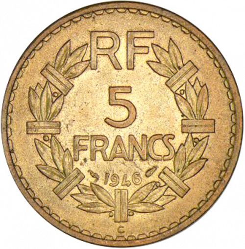 5 Francs Reverse Image minted in FRANCE in 1946C (1944-1947 - Provisional Government)  - The Coin Database