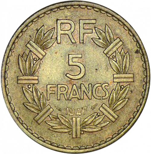 5 Francs Reverse Image minted in FRANCE in 1947 (1944-1947 - Provisional Government)  - The Coin Database