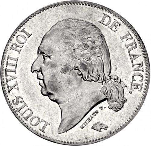 5 Francs Obverse Image minted in FRANCE in 1824A (1814-1824 - Louis XVIII)  - The Coin Database