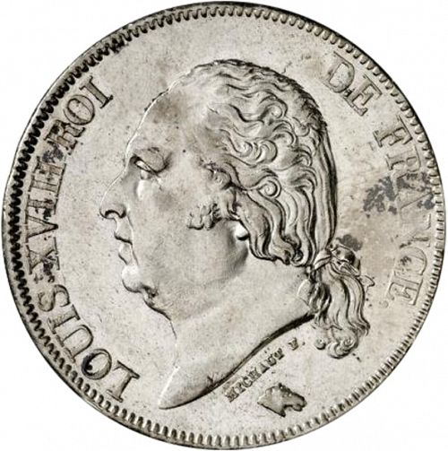 5 Francs Obverse Image minted in FRANCE in 1824H (1814-1824 - Louis XVIII)  - The Coin Database