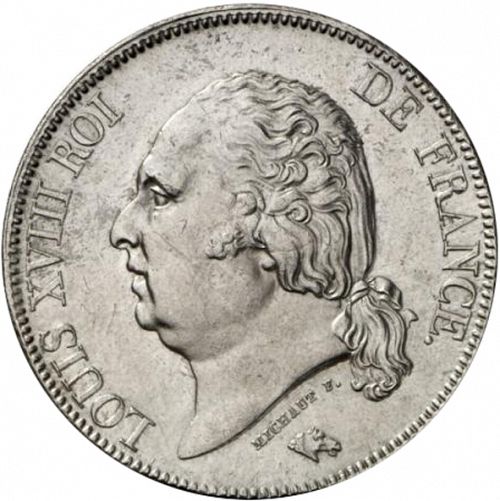 5 Francs Obverse Image minted in FRANCE in 1824K (1814-1824 - Louis XVIII)  - The Coin Database