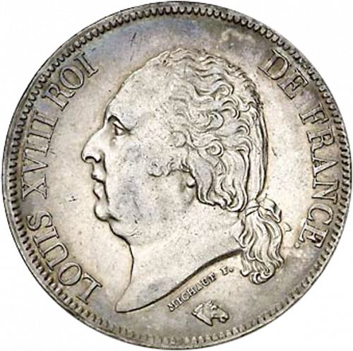 5 Francs Obverse Image minted in FRANCE in 1824W (1814-1824 - Louis XVIII)  - The Coin Database