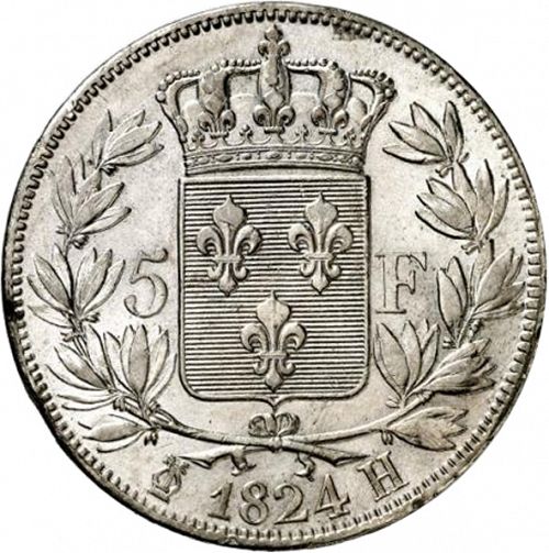 5 Francs Reverse Image minted in FRANCE in 1824H (1814-1824 - Louis XVIII)  - The Coin Database