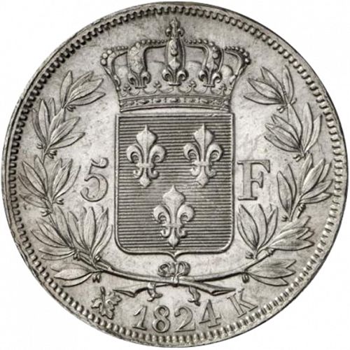 5 Francs Reverse Image minted in FRANCE in 1824K (1814-1824 - Louis XVIII)  - The Coin Database