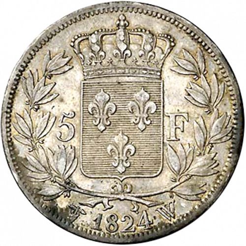 5 Francs Reverse Image minted in FRANCE in 1824W (1814-1824 - Louis XVIII)  - The Coin Database