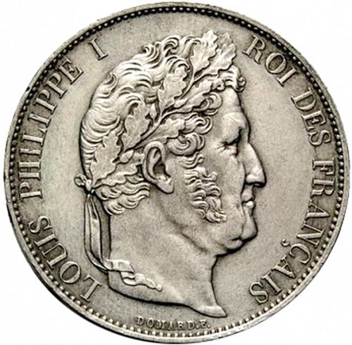 5 Francs Obverse Image minted in FRANCE in 1844W (1830-1848 - Louis Philippe I)  - The Coin Database