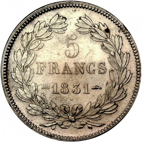 5 Francs Reverse Image minted in FRANCE in 1831BB (1830-1848 - Louis Philippe I)  - The Coin Database