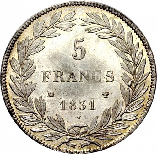 5 Francs Reverse Image minted in FRANCE in 1831MA (1830-1848 - Louis Philippe I)  - The Coin Database